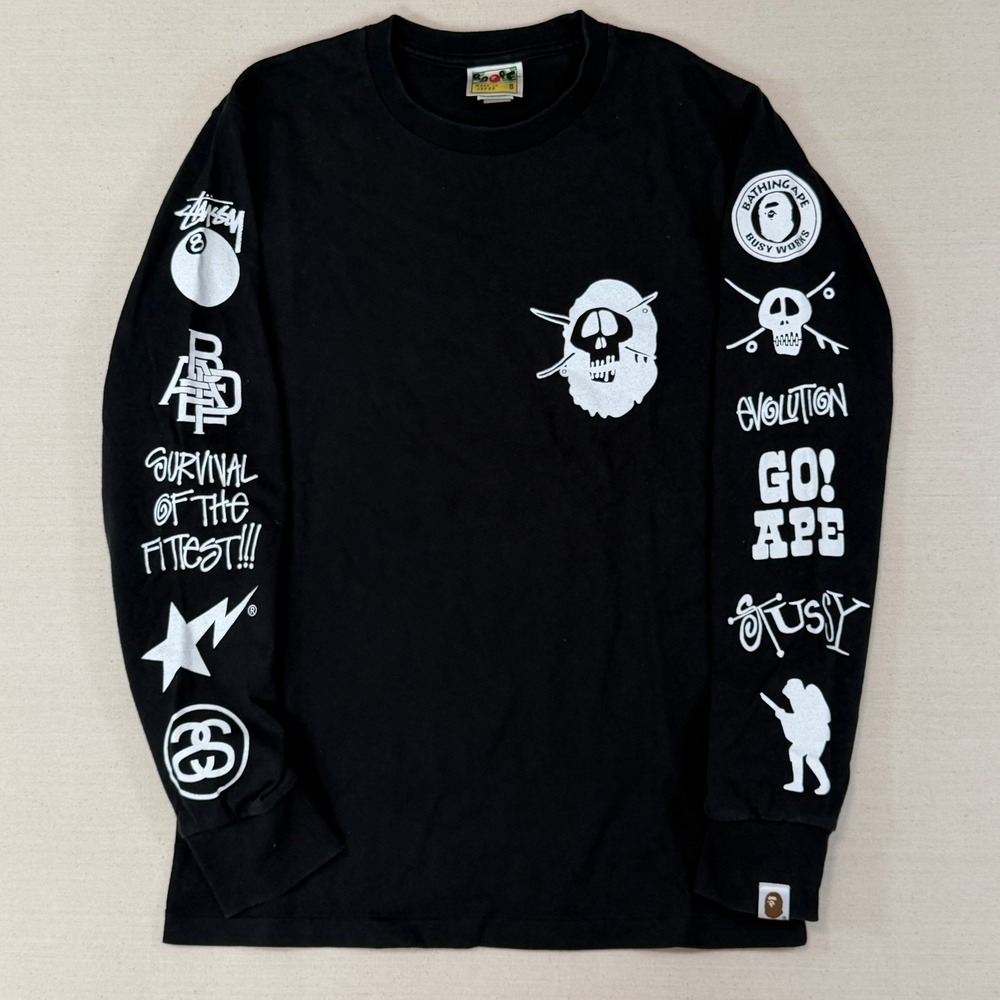 BAPE x Stussy Survival of the Fittest Long Sleeve Shirt Black Small Japan